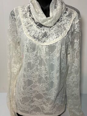 Simon Chang Ivory Lace Long-Sleeve Ruffle Neck Top
